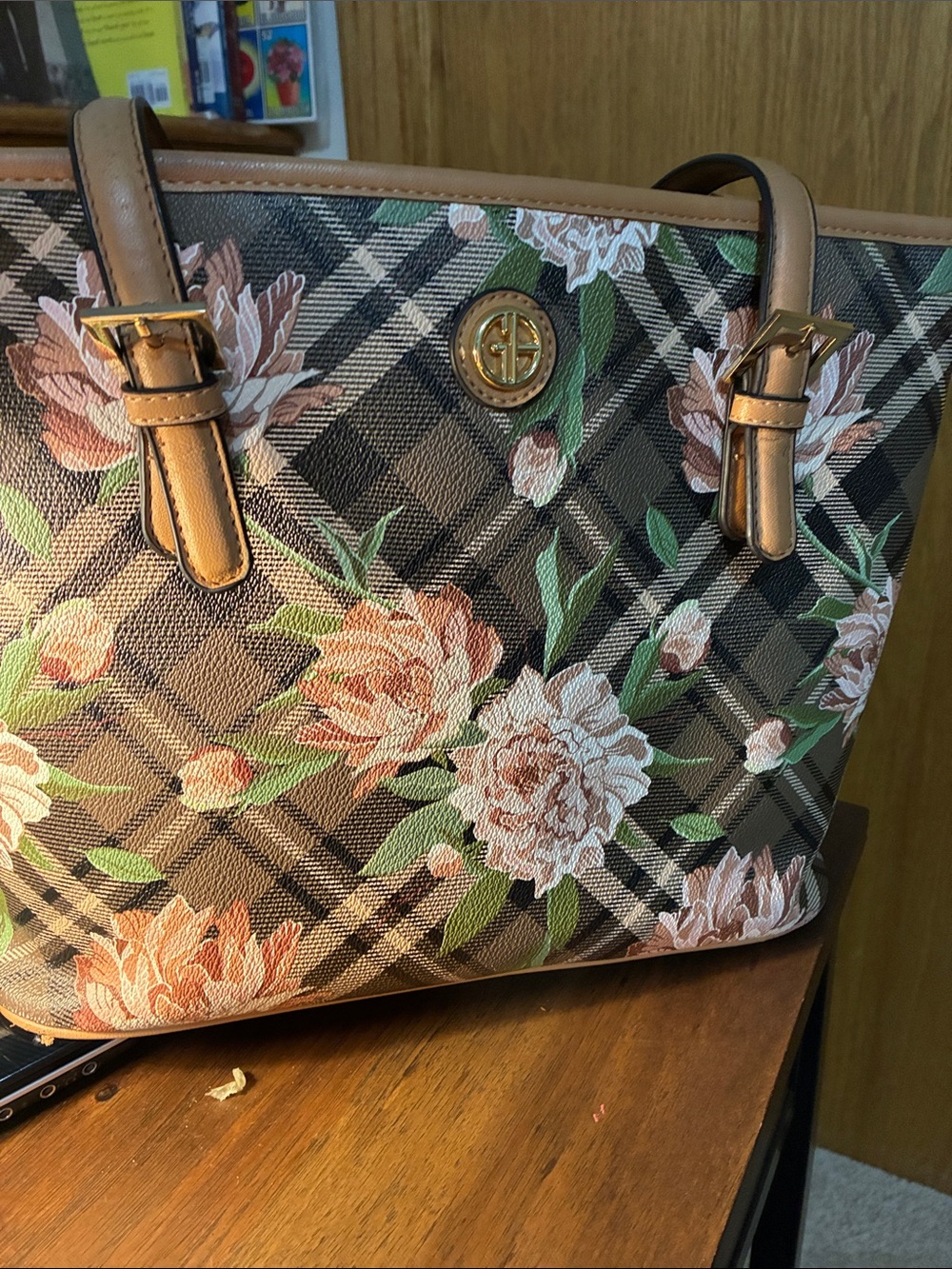 Giani Bernini Brown Plaid Floral Tote with Tan Trim